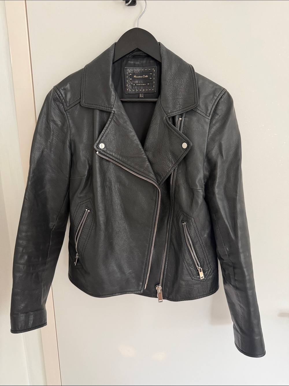 Massimo Dutti Black Leather Asymmetric Zip Moto Jacket